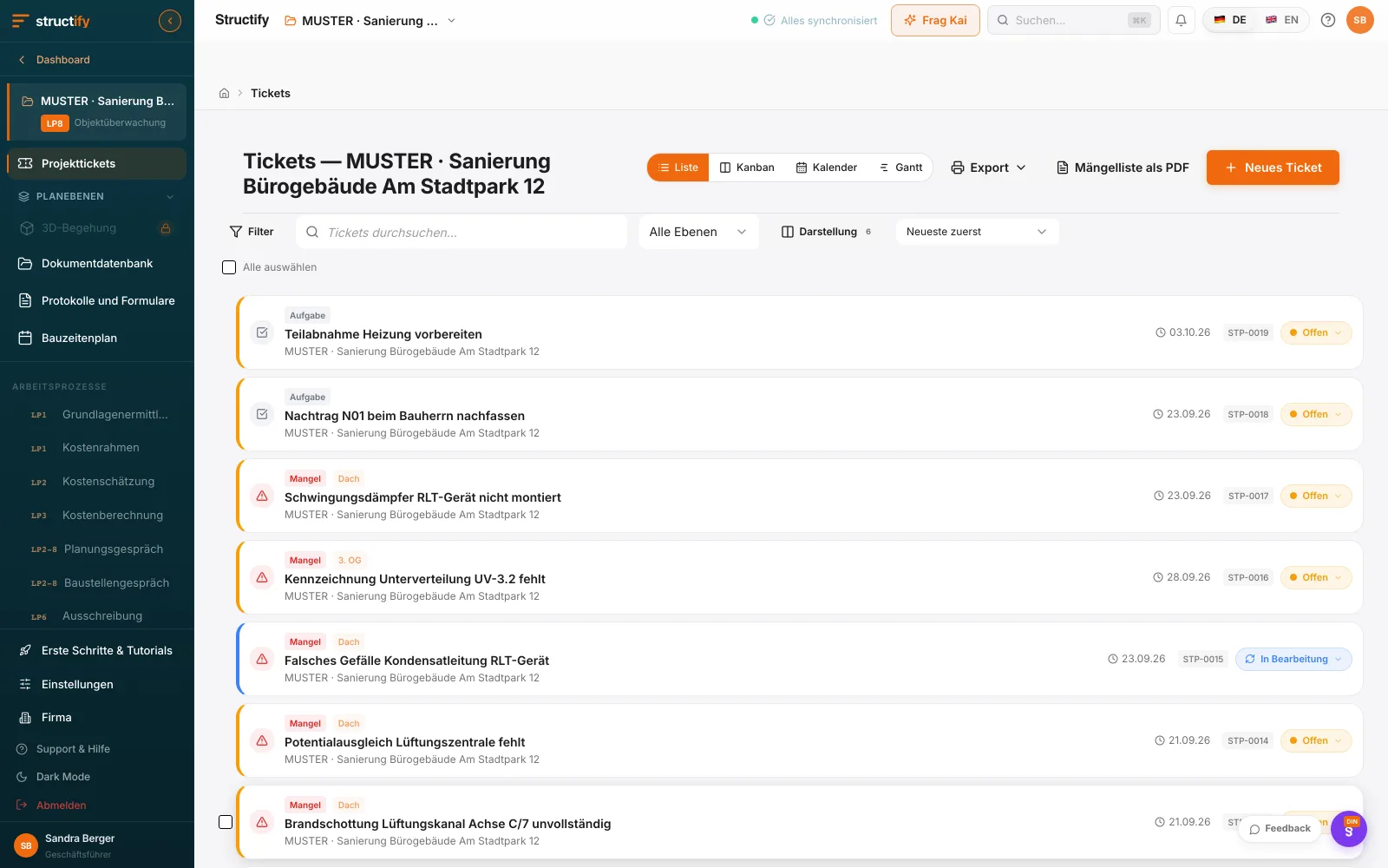 Structify: Begehung mit KI-strukturierten Mängeln, Aufgaben und fertigem Protokoll