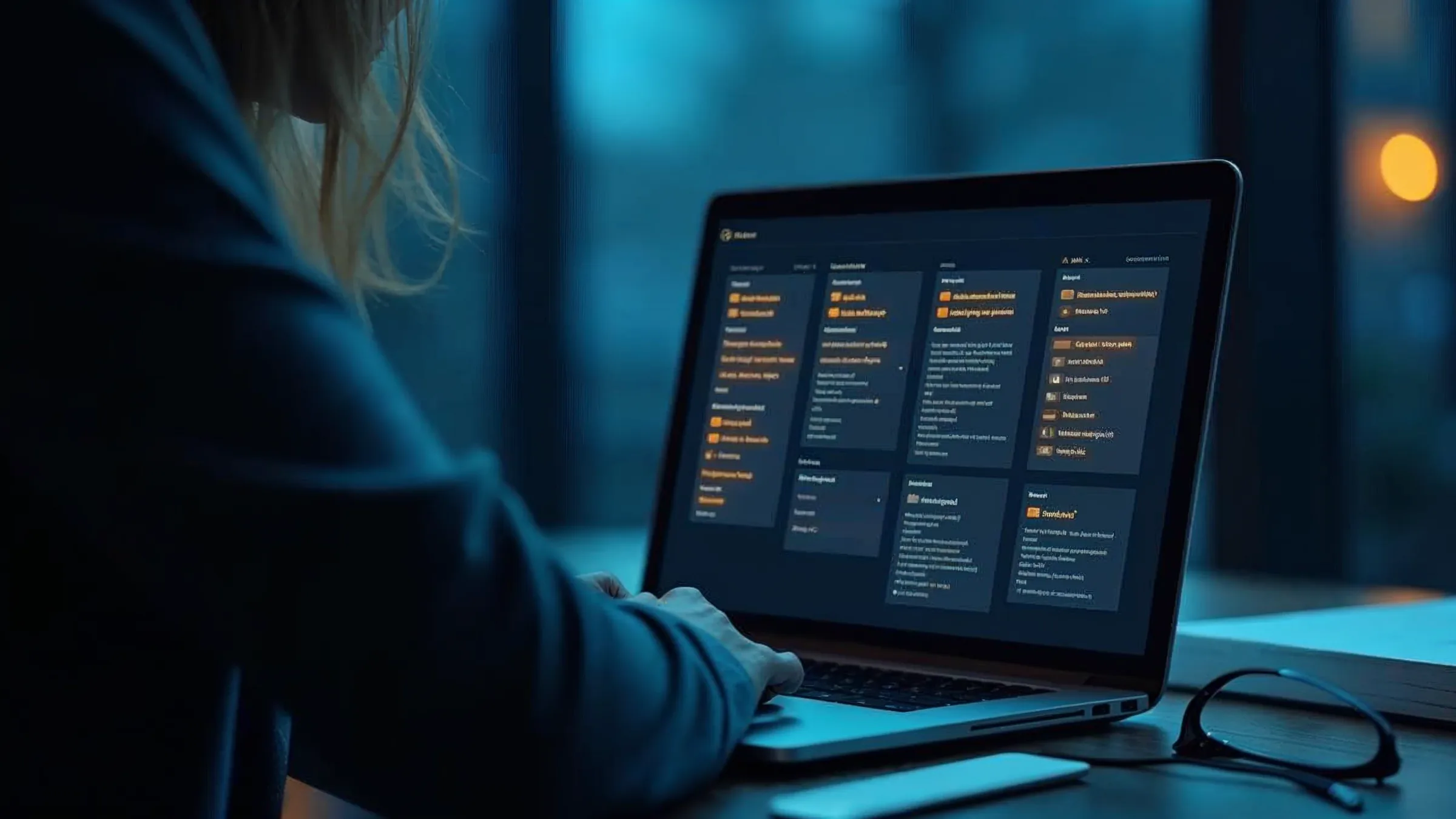 KI-erzeugtes Bild: Nahaufnahme einer Person am Laptop in einem ruhigen Nachtbüro, dunkle Software-Oberfläche mit Assistenz-Panel und orange markierten Vorschlägen